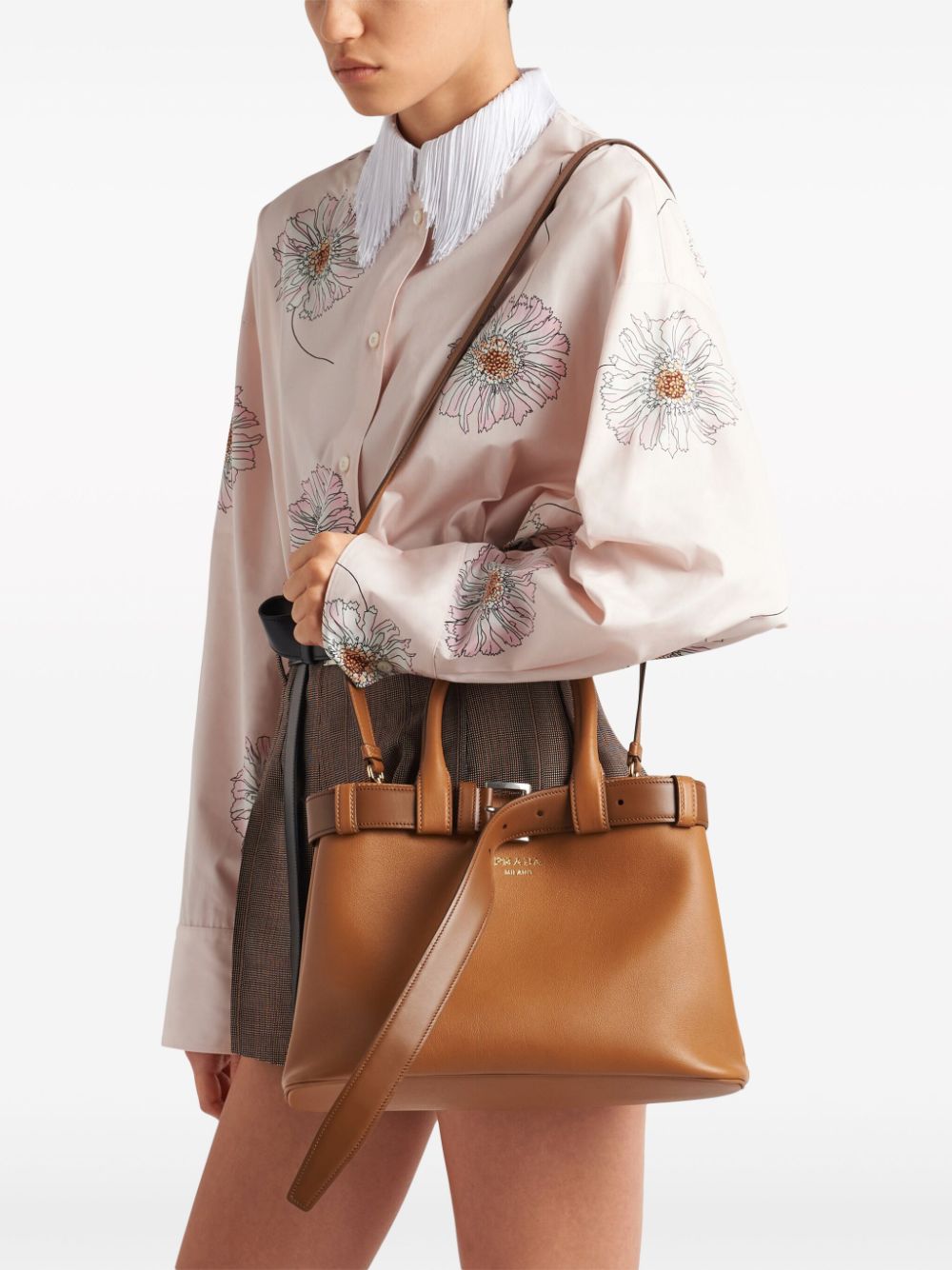 Shop Prada Medium Belted Leather Handbag In Brown