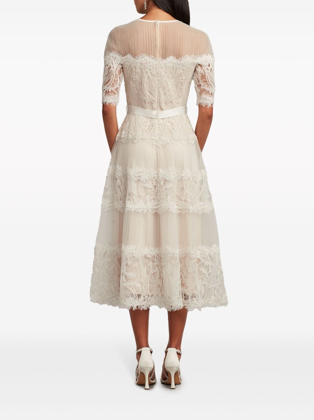 Shop Tadashi Shoji Corra Lace Panelled Midi Dress In White