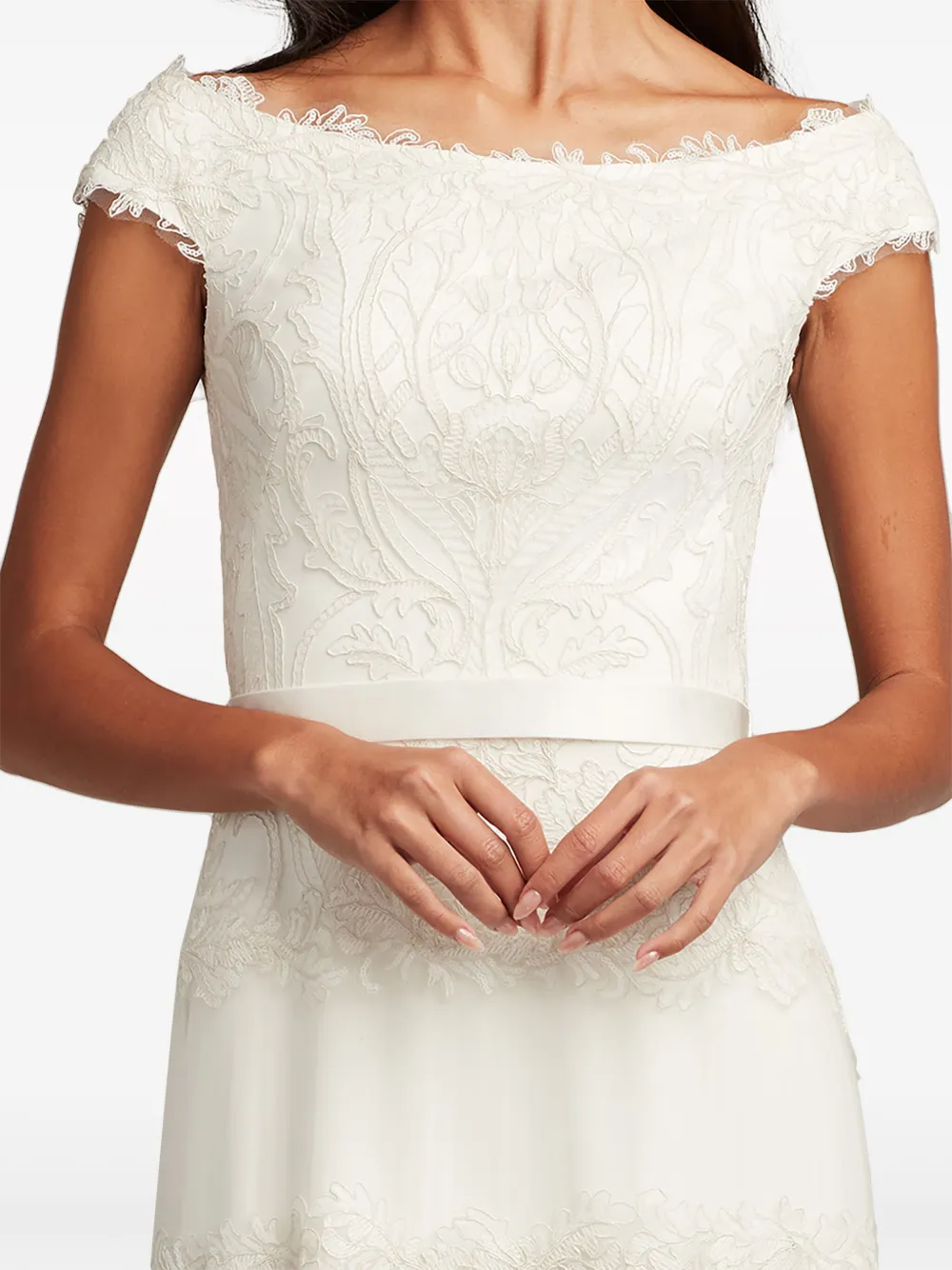 Tadashi Shoji Sequin Corded Lace Off The Shoulder Gown In Neutrals