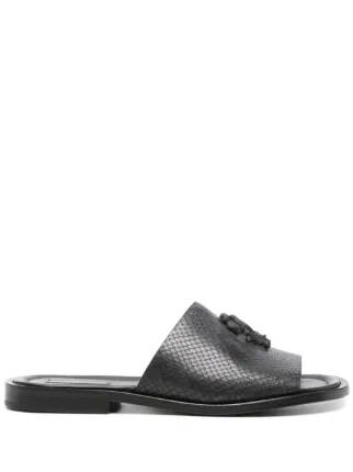 roberto cavalli トップス 黒 フリンジ付き Roberto Cavalli lizard-skin logo-embossed Sandals | Black