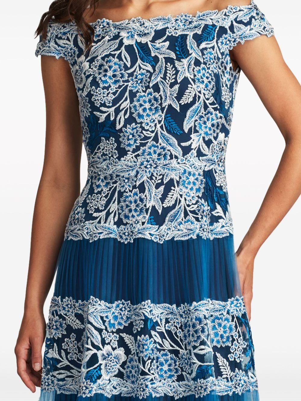 Shop Tadashi Shoji Floral-embroidered Off-shoulder Midi Dress In Blue