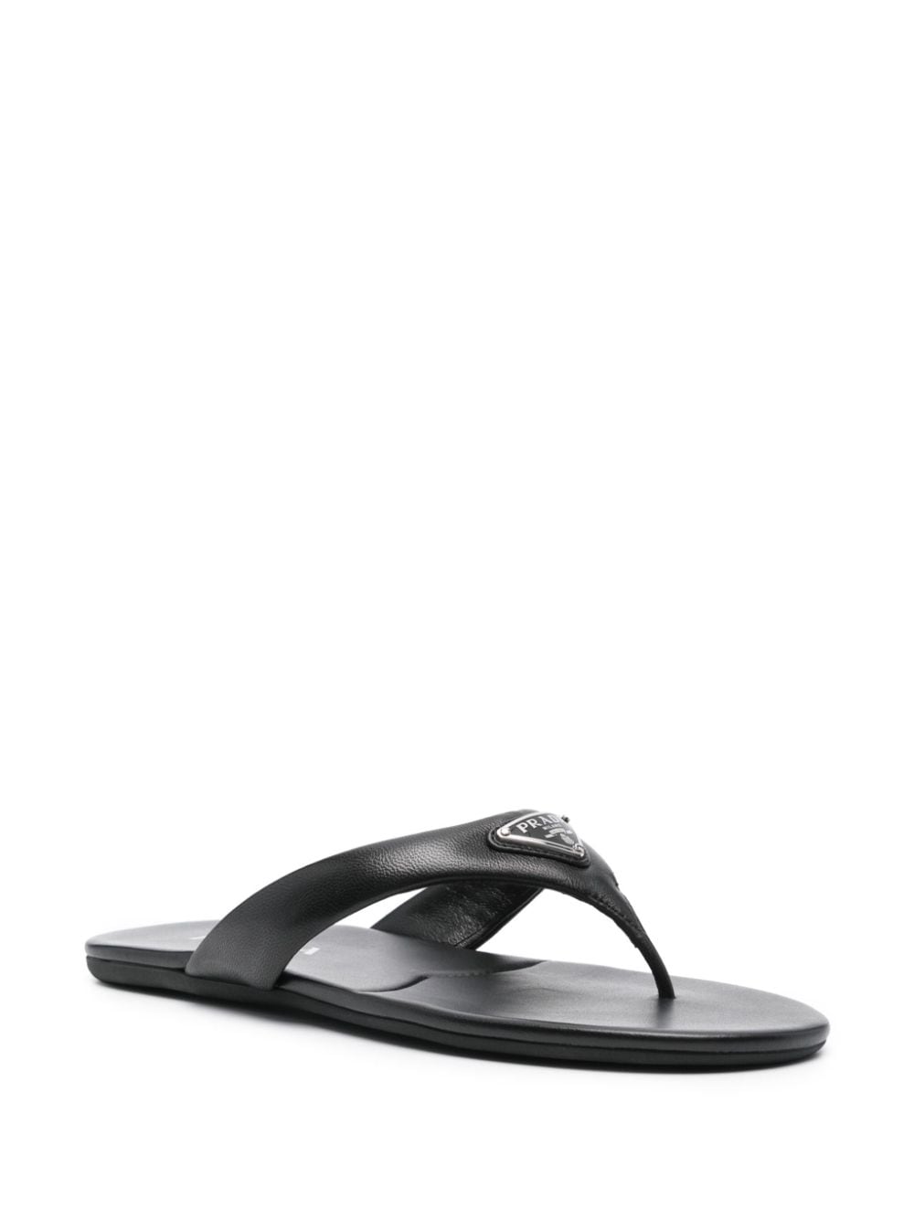 Shop Prada Enamel-triangle Leather Flip Flops In Schwarz