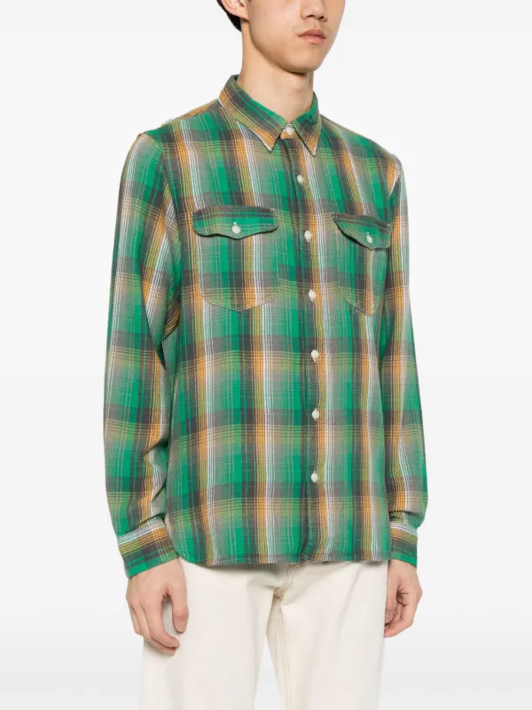 Ralph Lauren バッファローチェック フランネルシャツ XL グリーン Ralph Lauren RRL Plaid check-pattern Cotton Shirt | Green