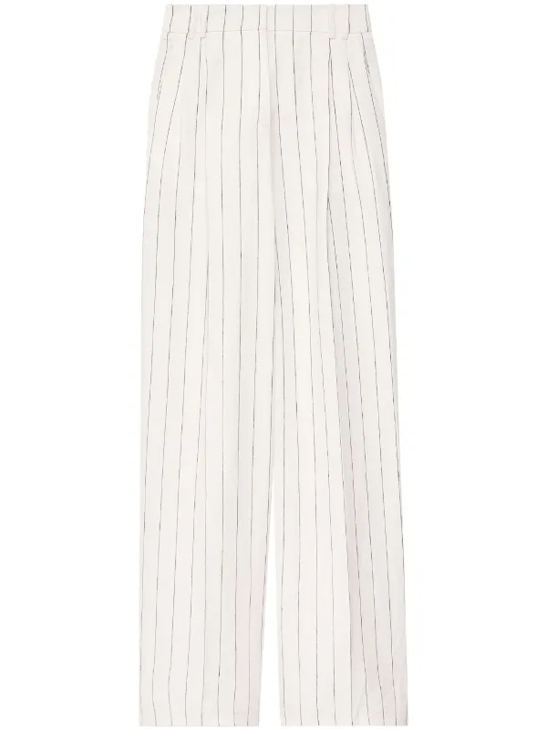 Another Tomorrow Striped Pleated Linen Trousers in White