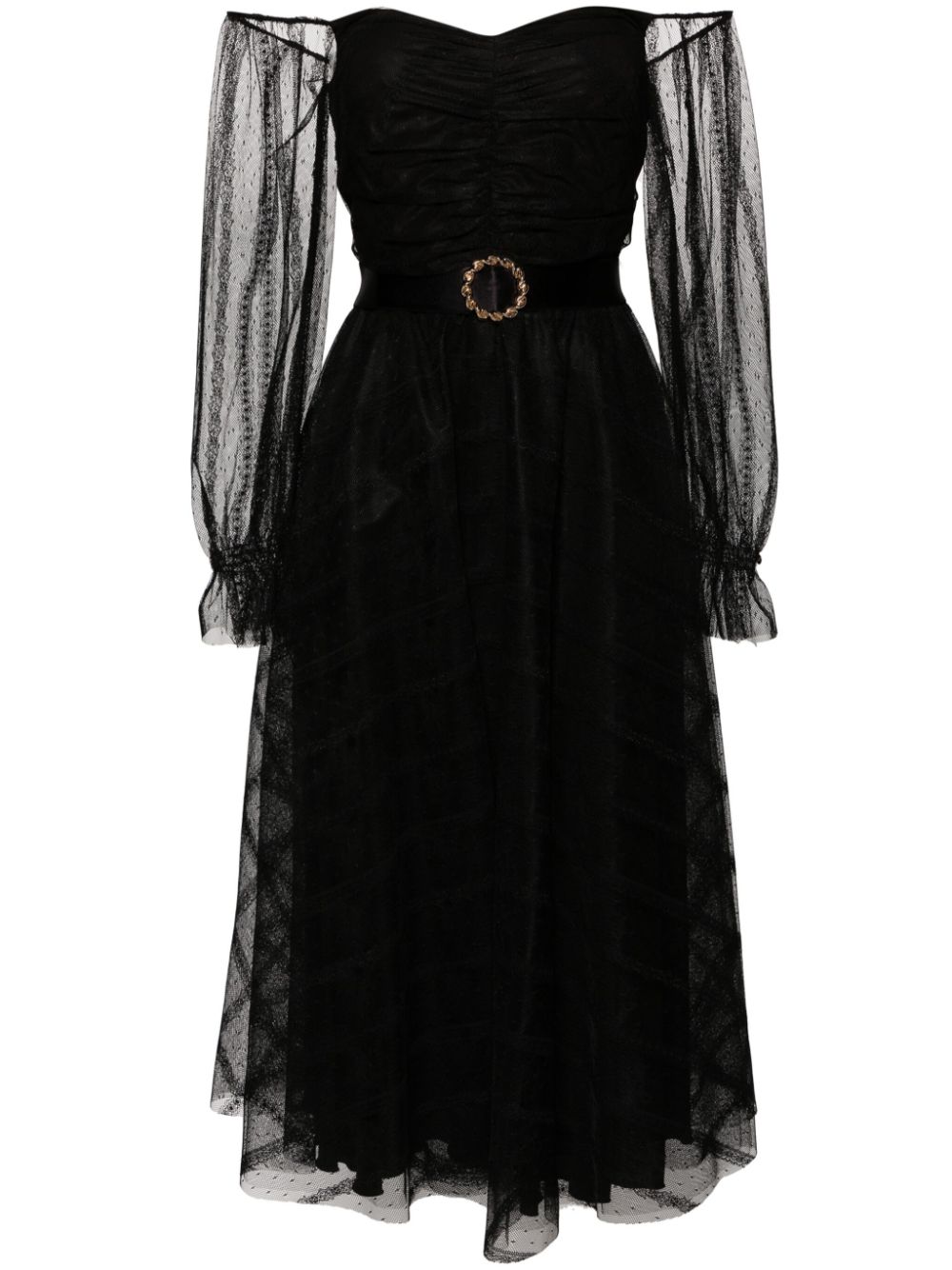 Nissa Off-shoulder Tulle Midi Dress In Black