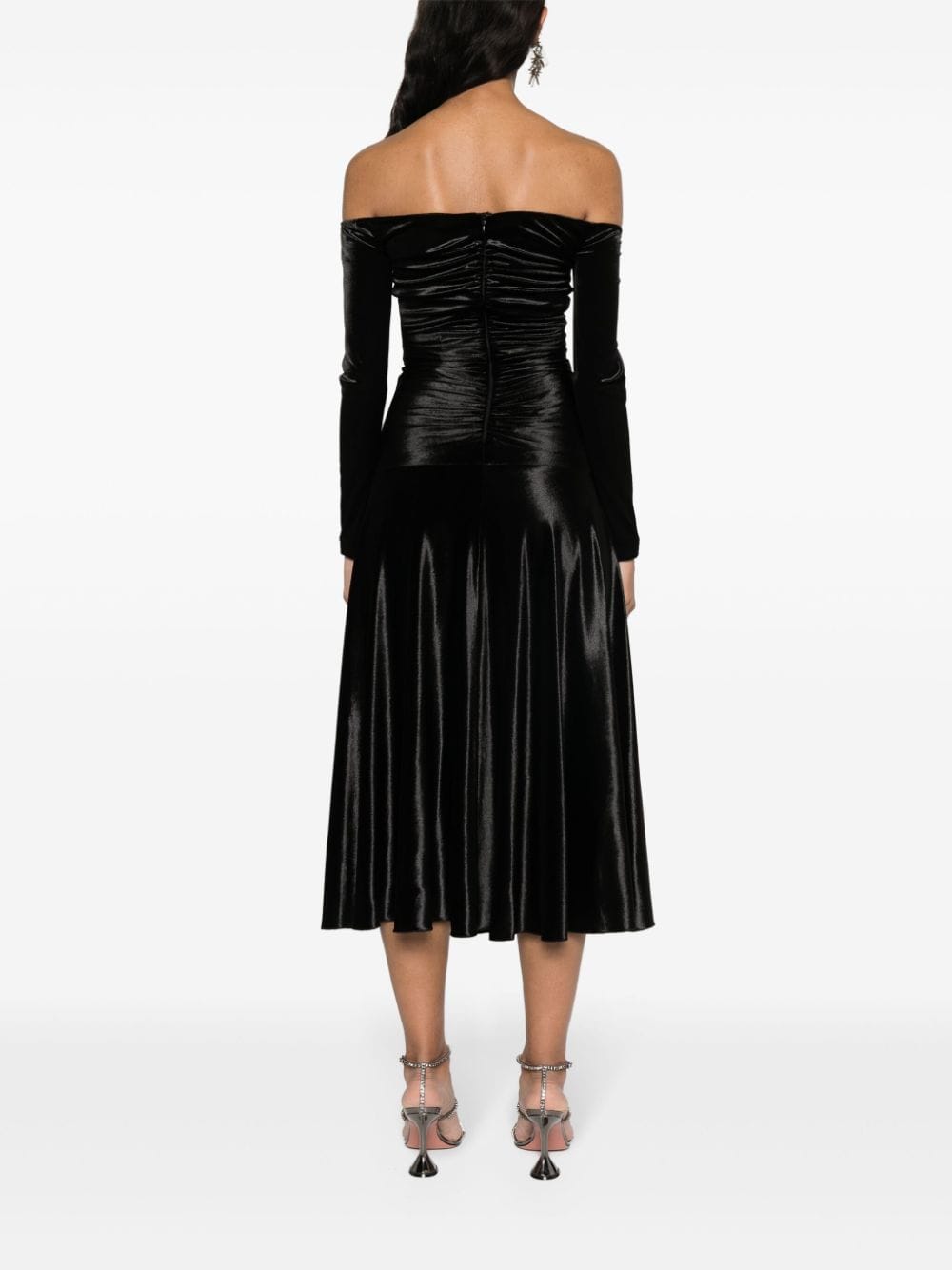 Shop Nissa Off-shoulder Velvet Midi Dress In Black