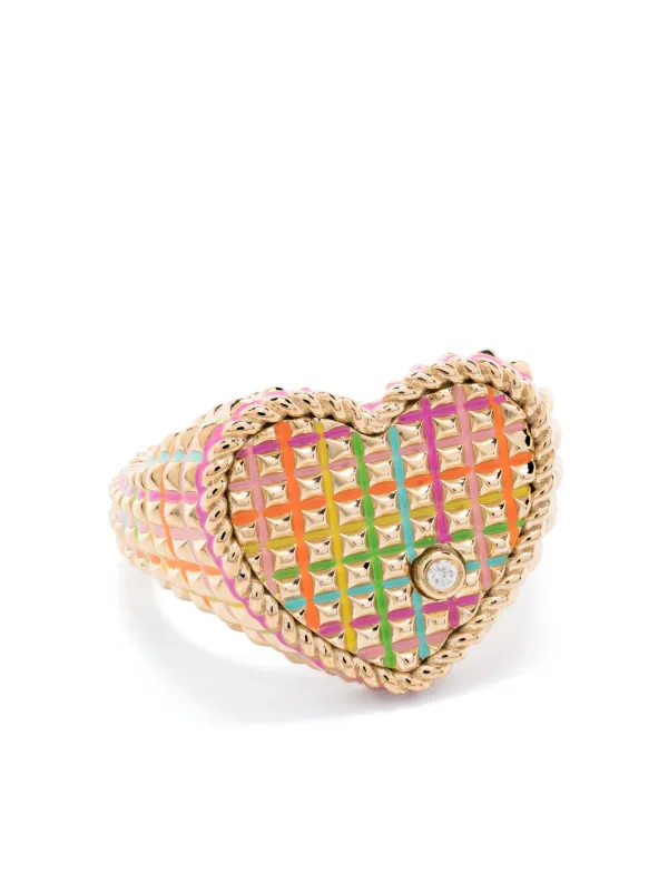 Yvonne Léon Heart Picotti Signet Ring, Enamel, Yellow Gold Color