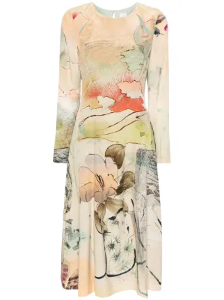 Paul Smith watercolour print Silk Midi Dress Neutrals FARFETCH