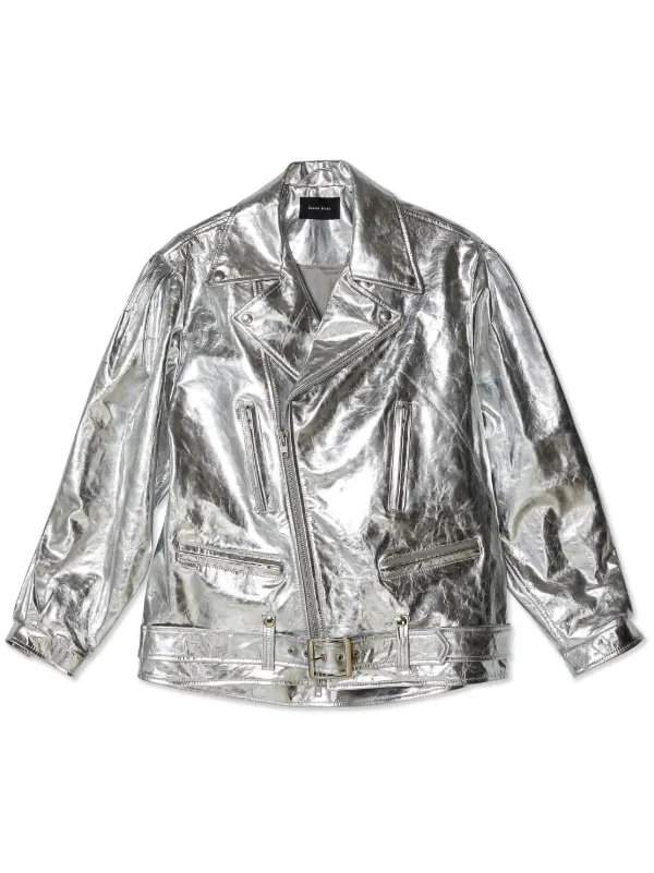 Silver leather biker on sale jacket