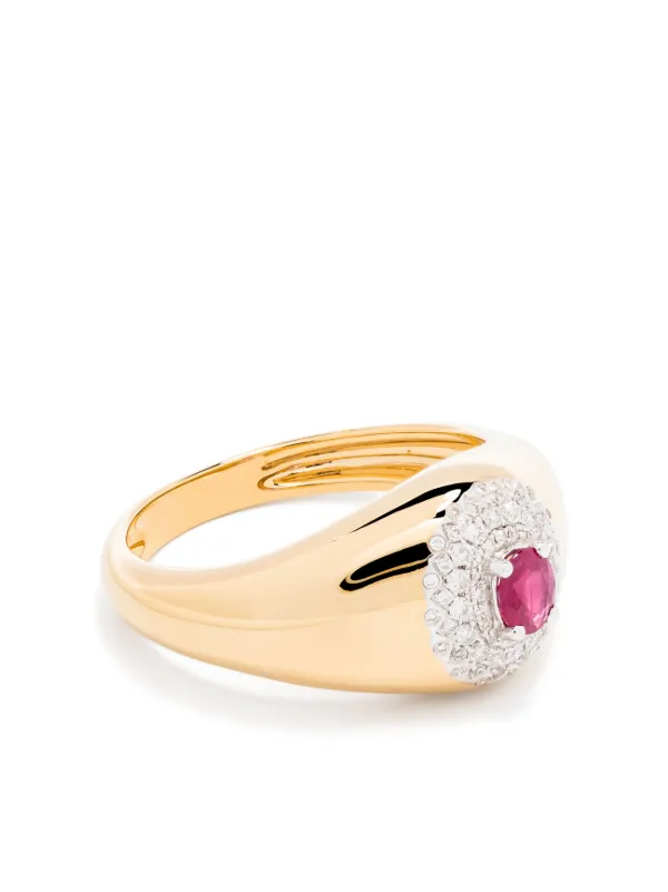 Yvonne Léon 18kt Yellow Gold Mini Chevalière Pompadour Diamond and Emerald Signet Ring