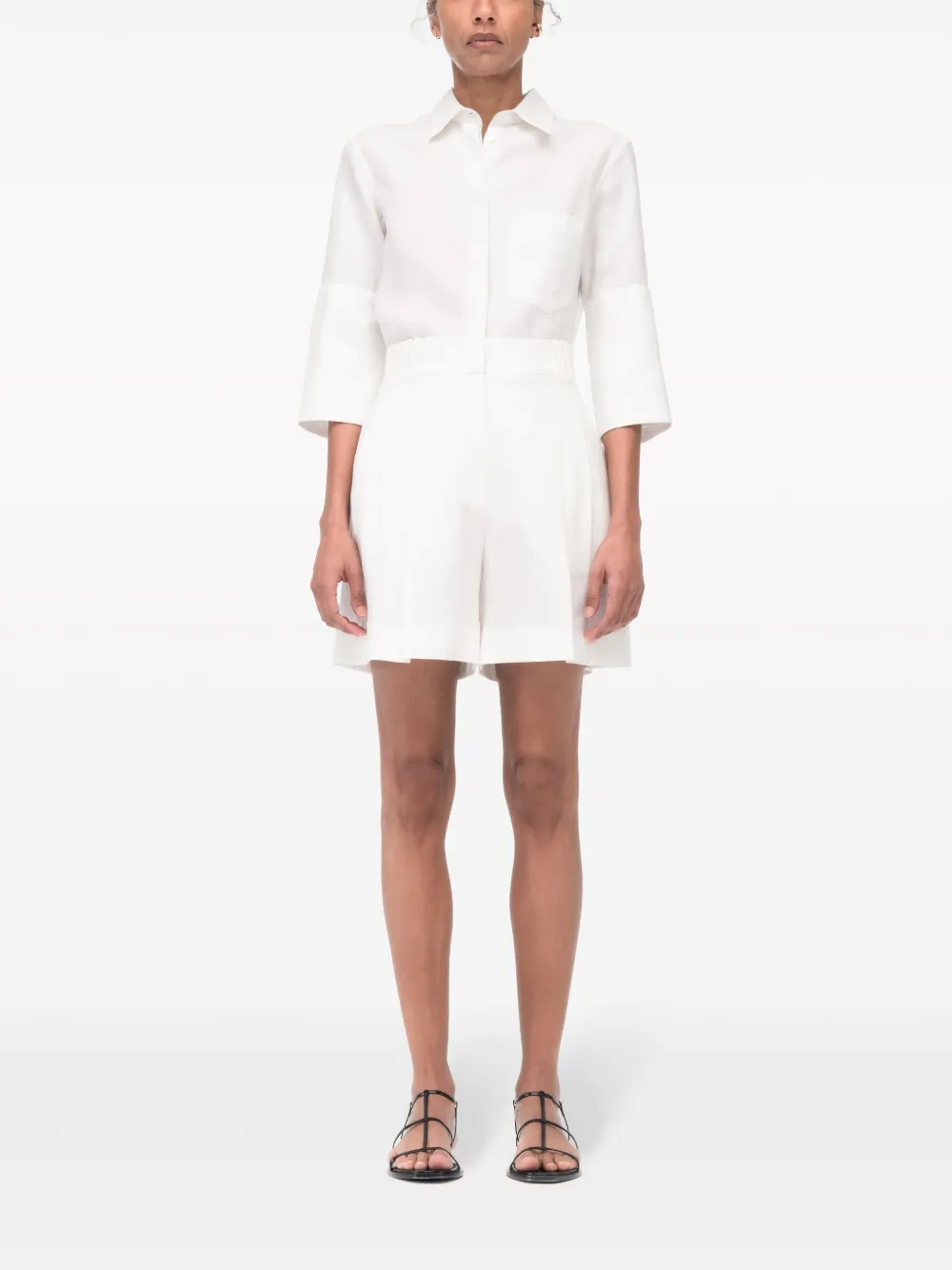 Another Tomorrow Linen Pleated Shorts in White, view 3
