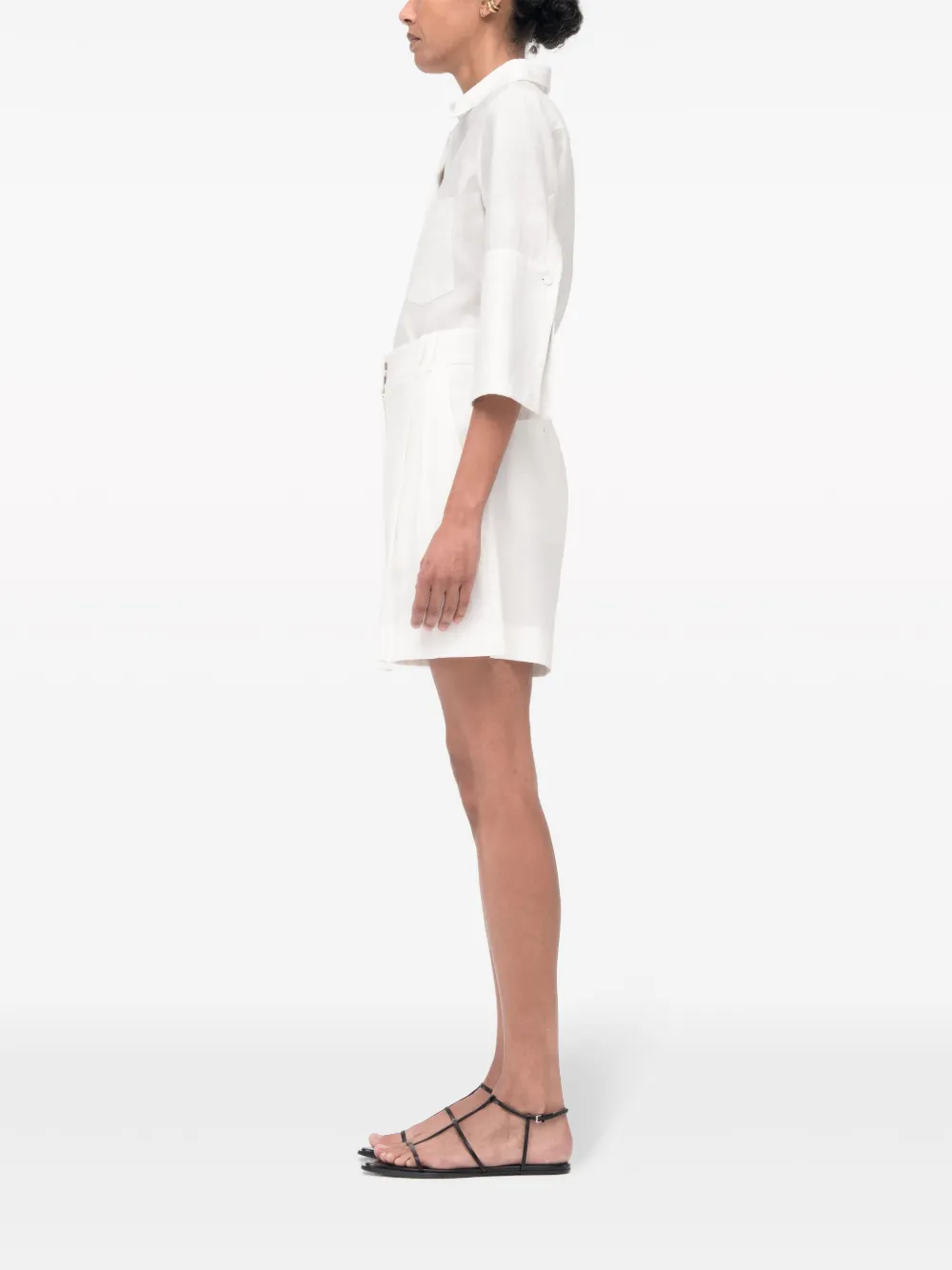 Another Tomorrow Linen Pleated Shorts in White, view 4