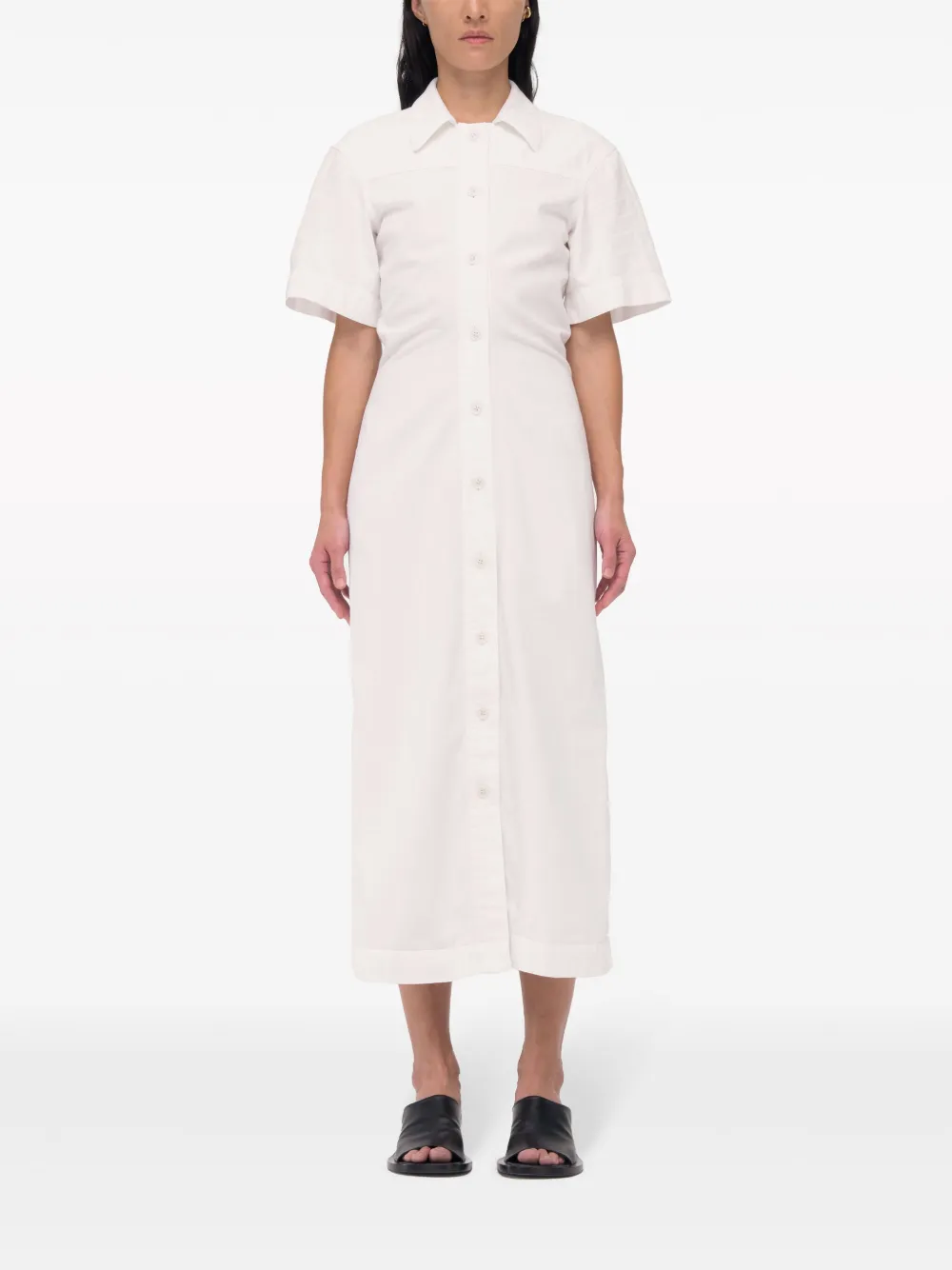 Another Tomorrow Bias-cut Chambray Shirt Dress in White, view 3
