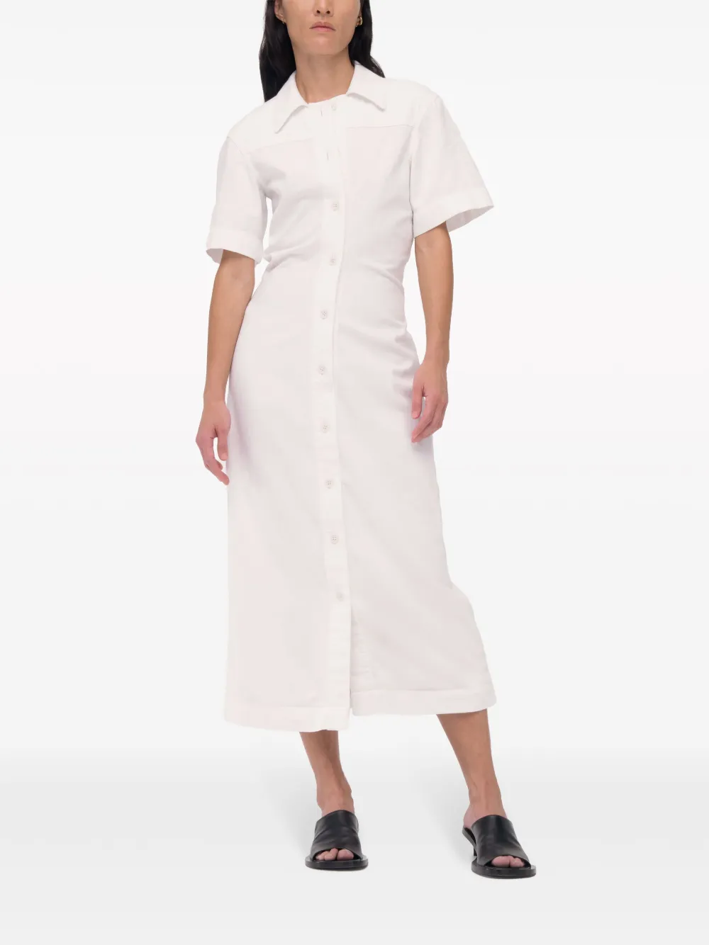 Another Tomorrow Bias-cut Chambray Shirt Dress in White, view 2