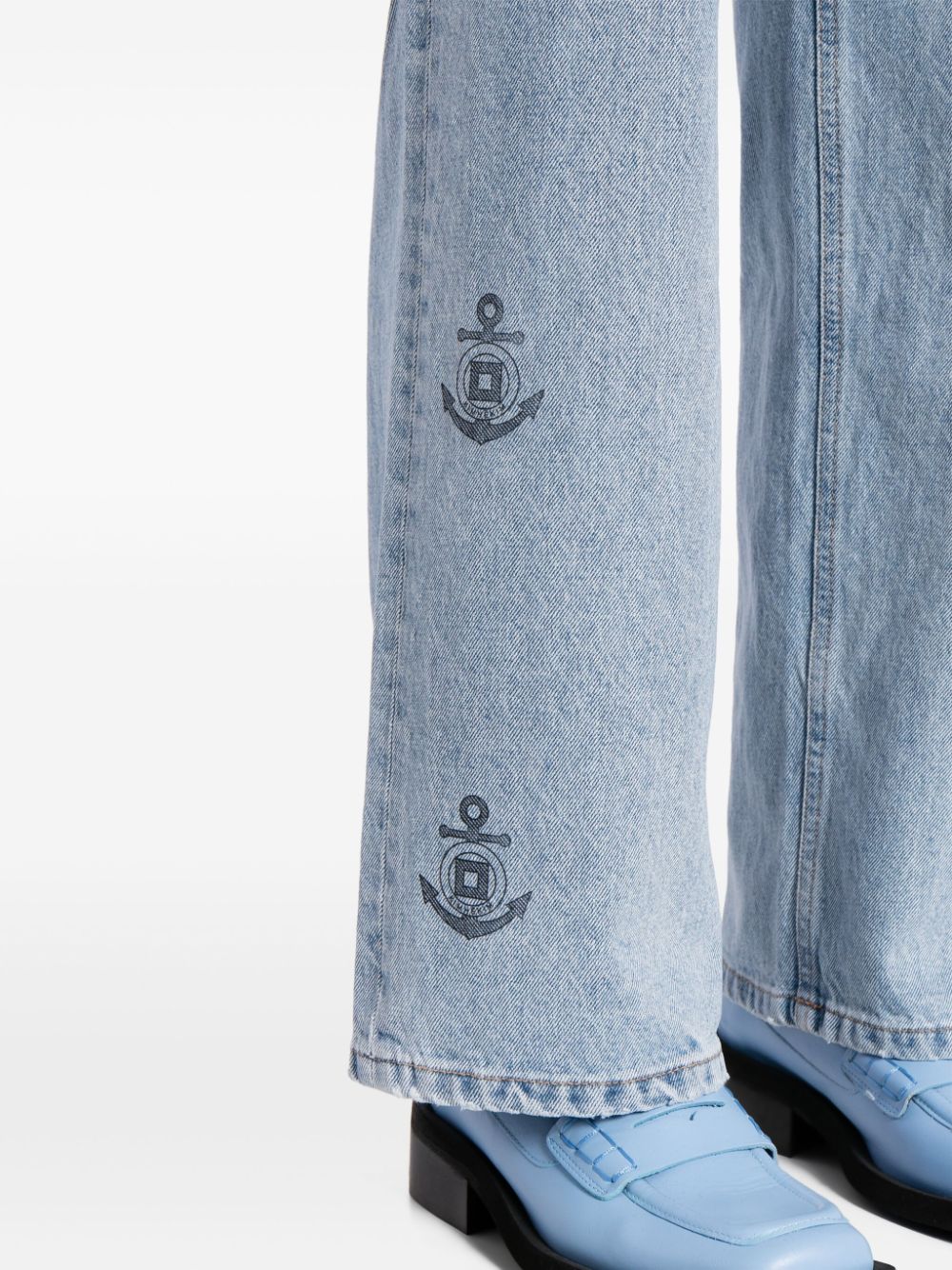 Shop Kimhēkim Anchor-print Wide-leg Jeans In Blue