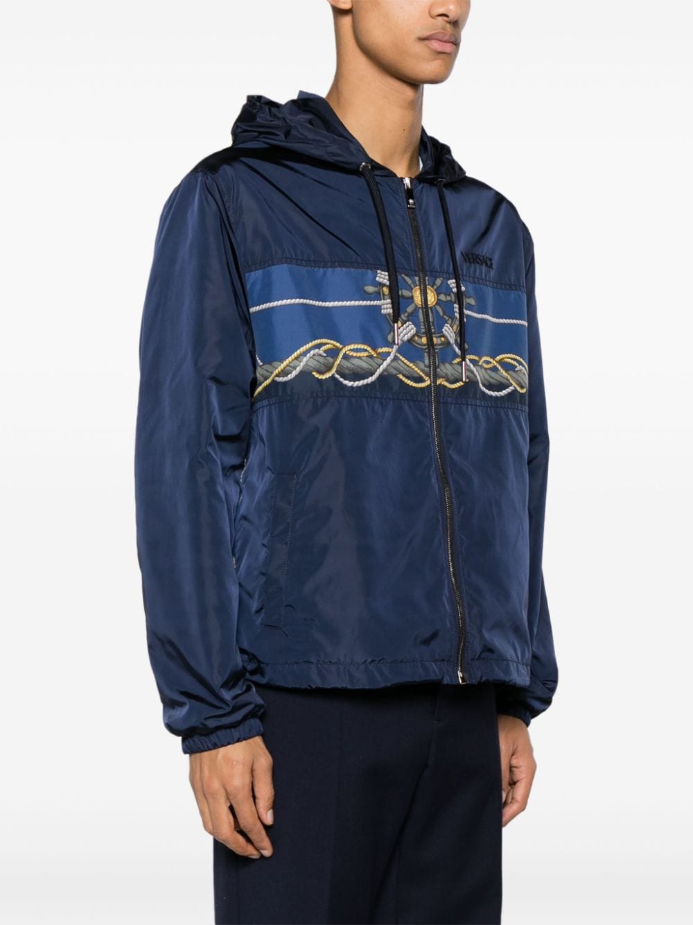 Shop Versace Graphic-print Hooded Jacket In Blue