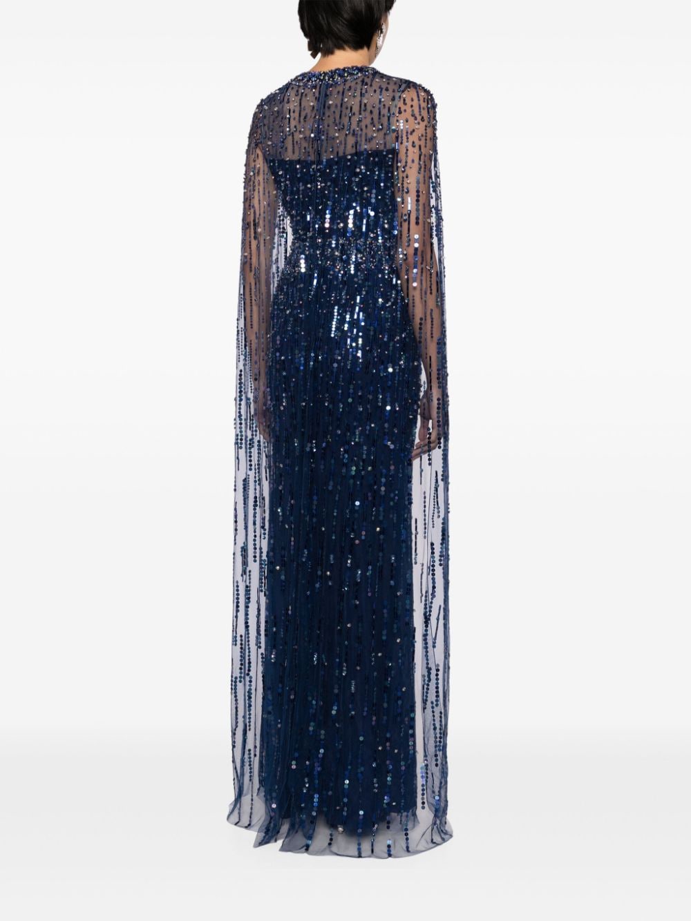 Shop Jenny Packham Lux Crystal-embellished Cape Gown In Blue