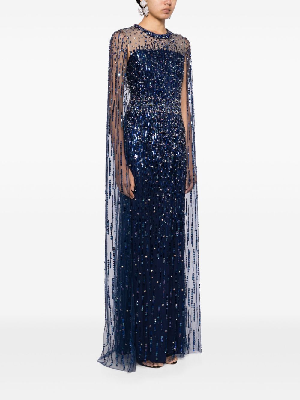 Jenny Packham Lux avondjurk verfraaid met kristallen en cape Blauw