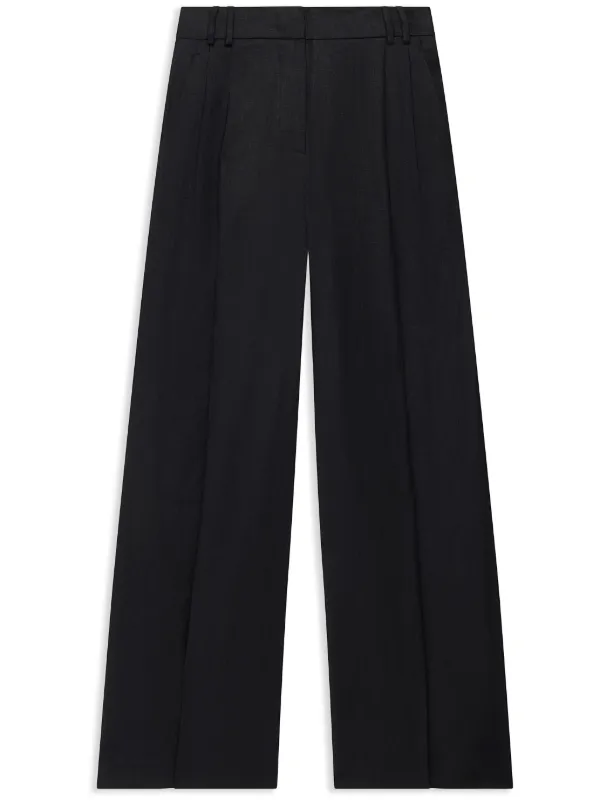 Another Tomorrow Wide-leg Pleated Linen Trousers in Black