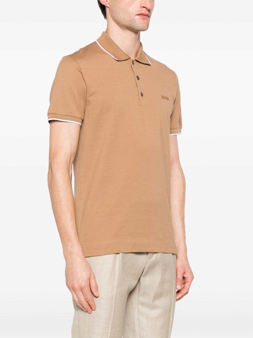 Shop Zegna Embroidered-logo Piqué Polo Shirt In Brown