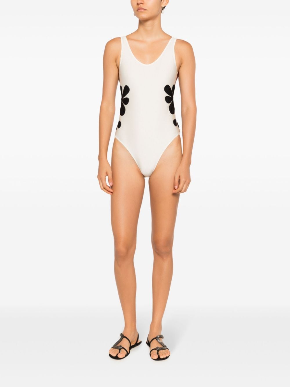 Shop Adriana Degreas Floral-appliqué Swimsuit In Brown