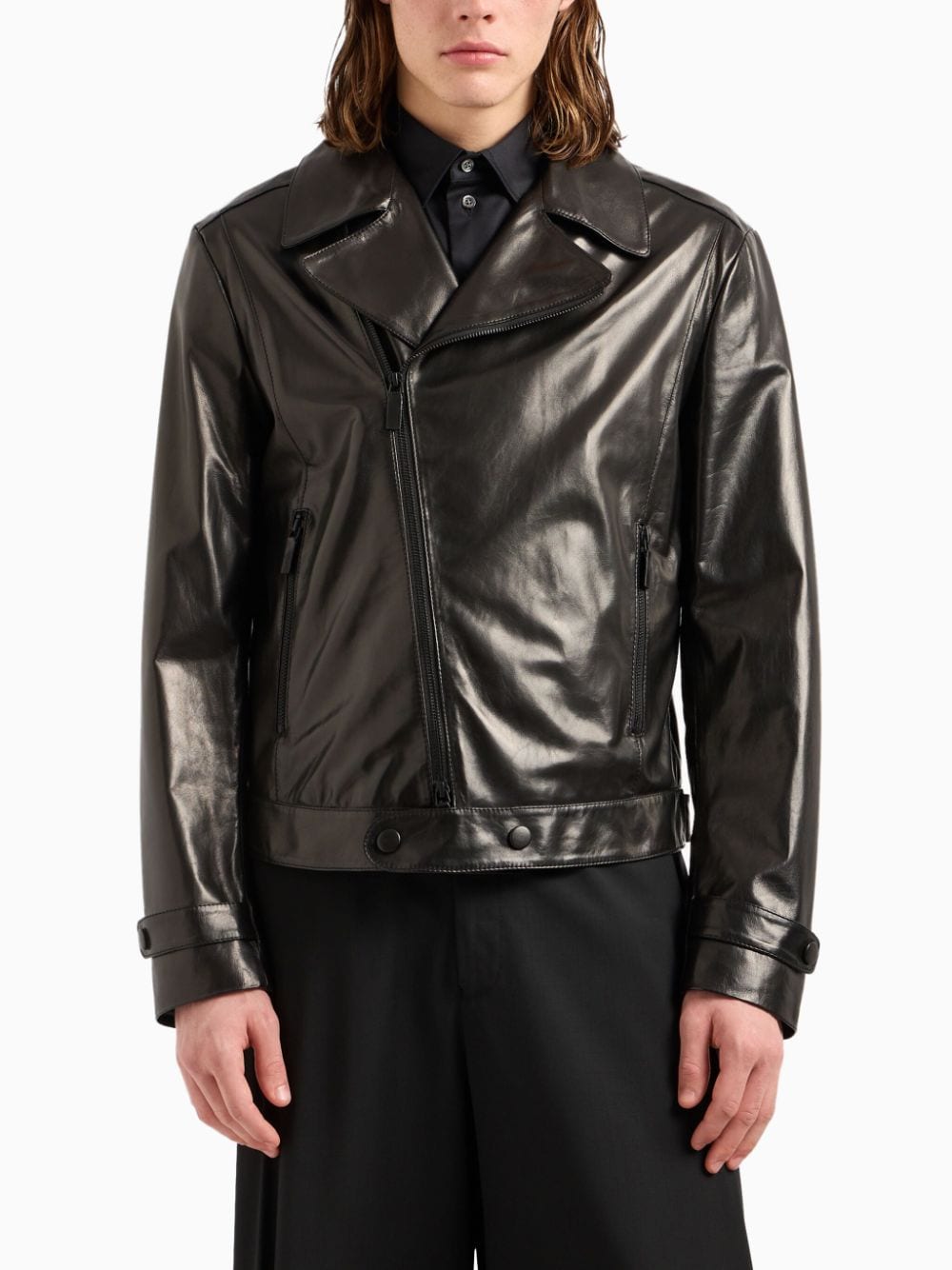 Shop Emporio Armani Diagonal-zip Leather Biker Jacket In Black