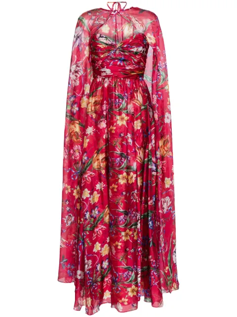 Marchesa Notte Ribbons floral-print cape gown