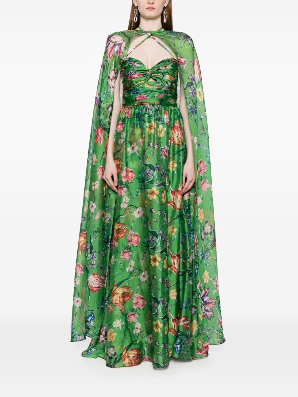 Shop Marchesa Notte Ribbons Floral-print Cape Gown In Green