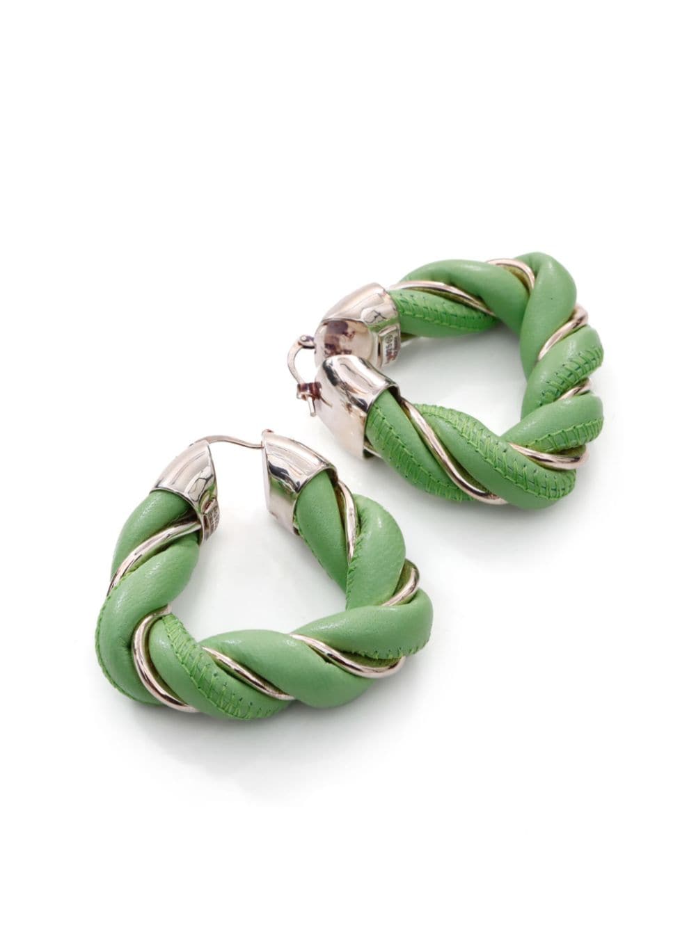 Pre-owned Bottega Veneta Twisted Triangle Hoop Earrings In Green