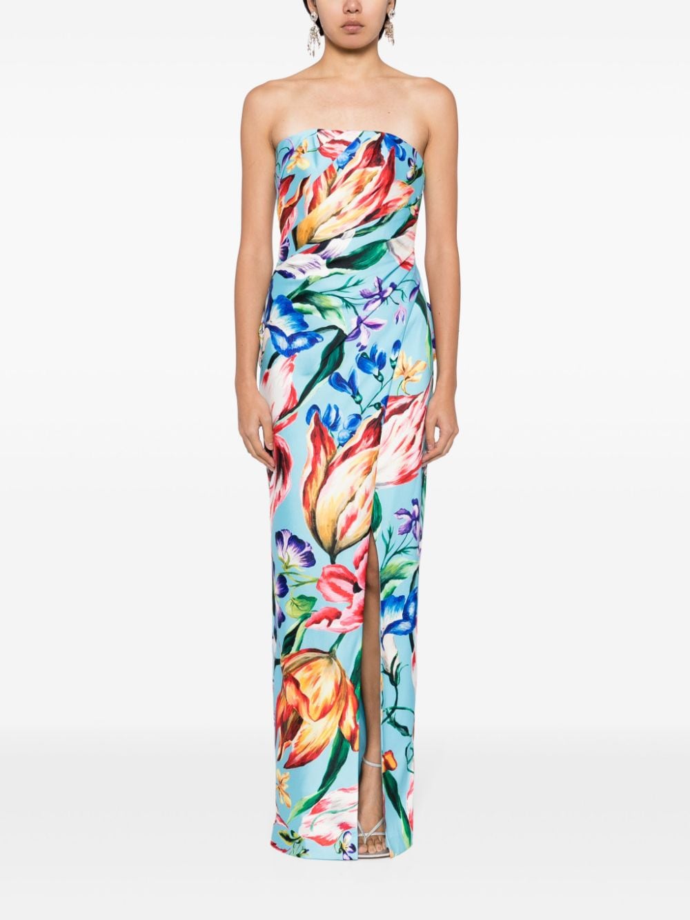 Shop Marchesa Notte Mikado Floral-print Strapless Gown In Sky Blue Multi