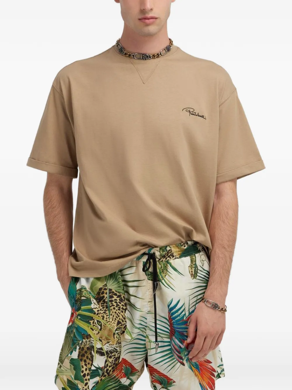 Roberto Cavalli T-shirt met logopatch Beige