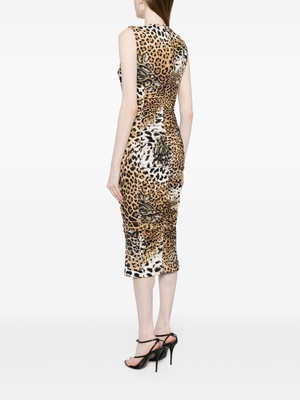 Shop Roberto Cavalli Jaguar-print Gathered Midi Dress In Brown