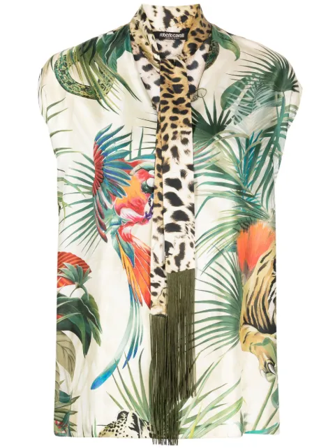 Roberto Cavalli Jungle-print tie-neck silk top