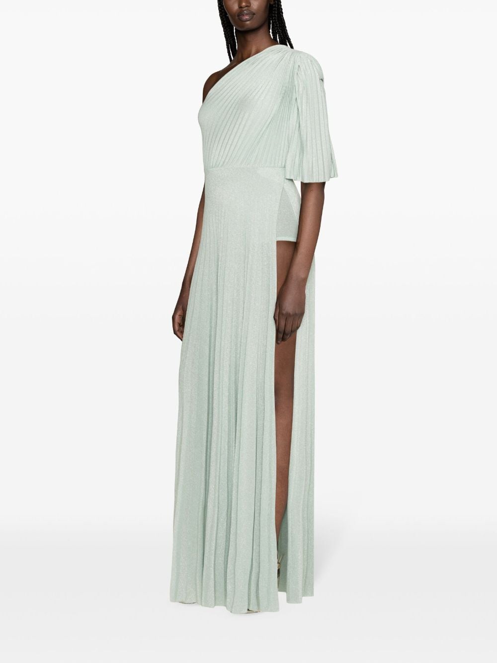 Shop Elisabetta Franchi Asymmetrical Pleated Long Dress In Green