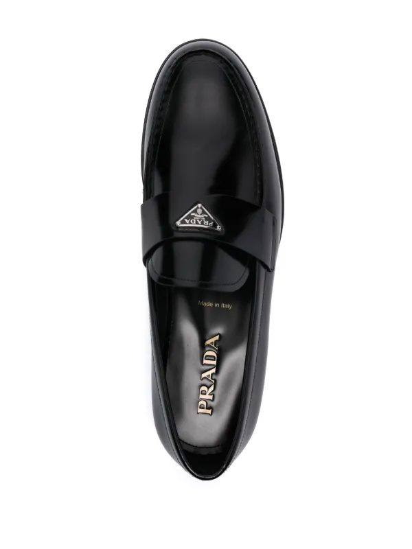 Prada enamel-triangle-logo Leather Loafers | Black | FARFETCH JO