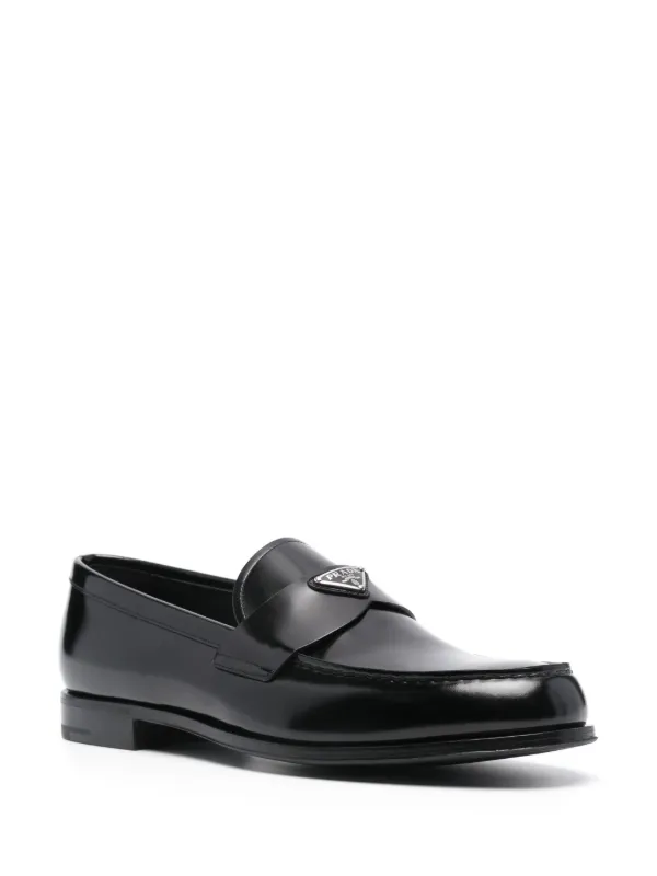 Prada enamel-triangle-logo Leather Loafers | Black | FARFETCH GE