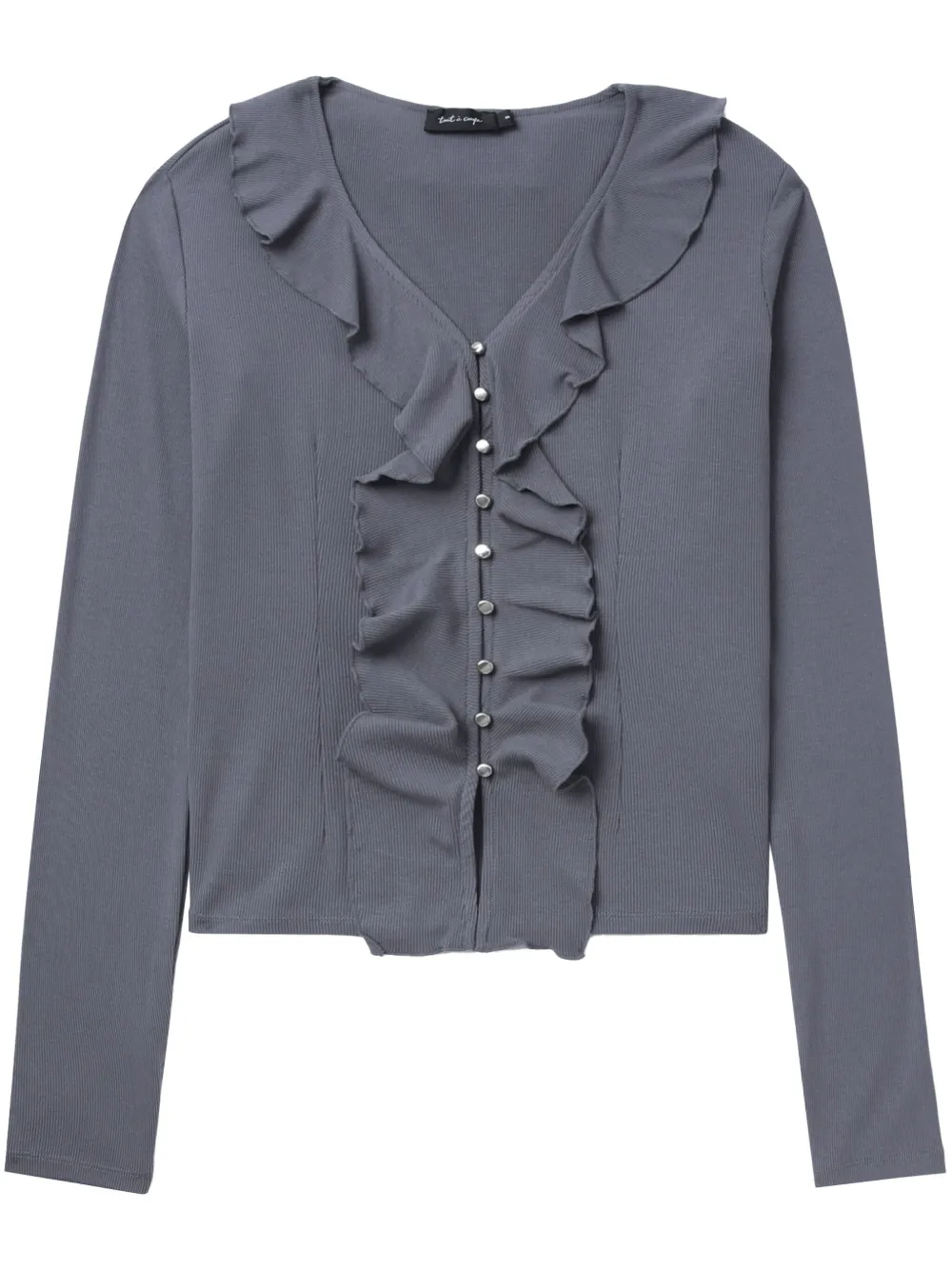 Tout A Coup Ruffled Ribbed Cardigan In Grey