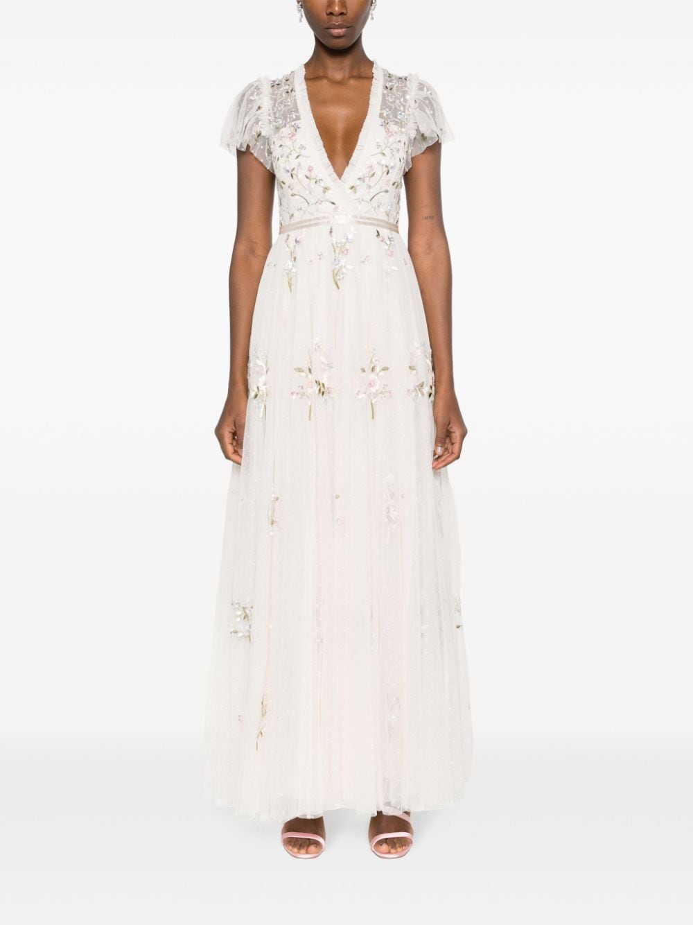 Shop Needle & Thread Petunia Floral-appliqué Gown In Neutrals