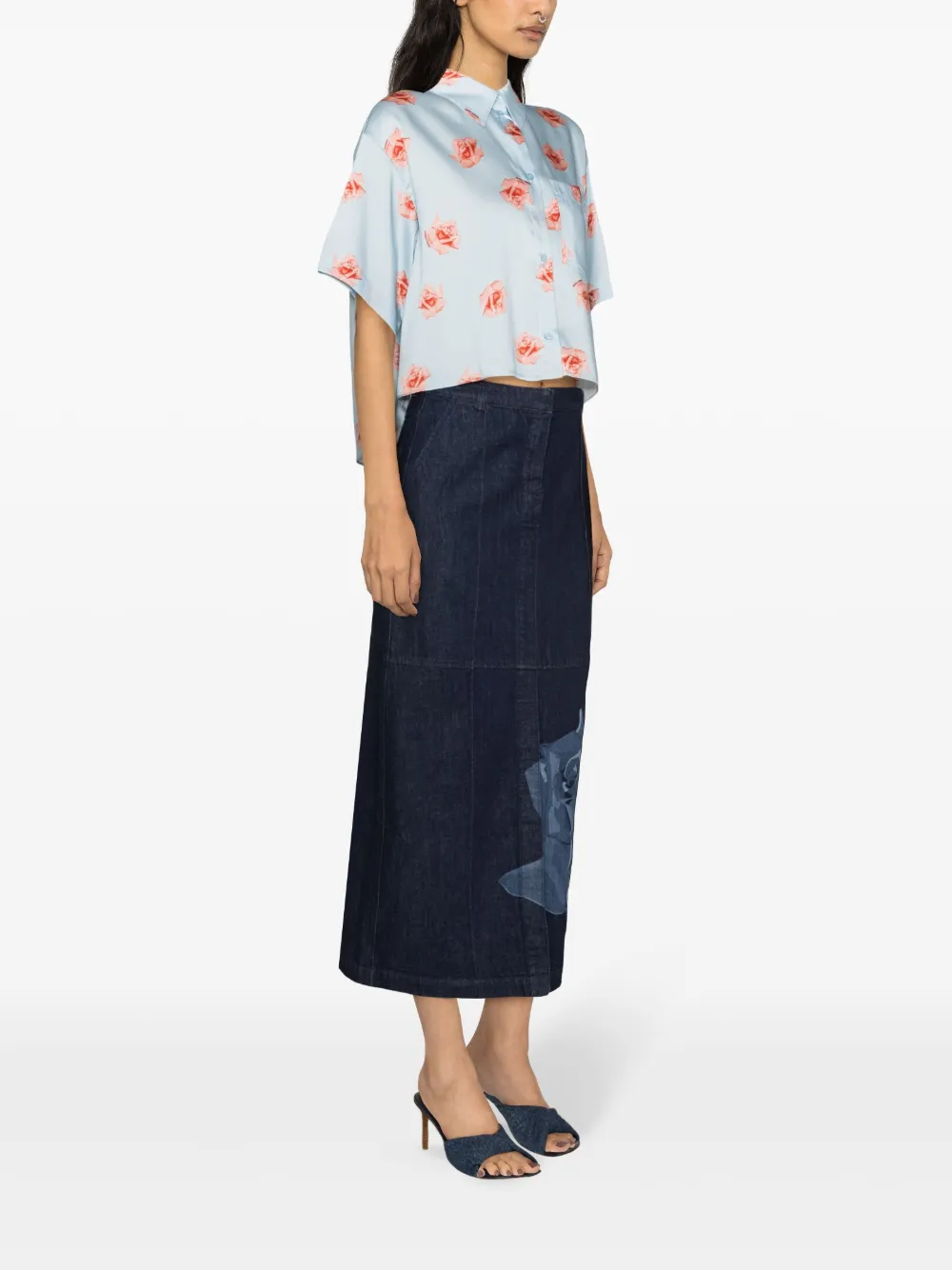 KENZO FLORAL-PRINT DENIM MAXI SKIRT