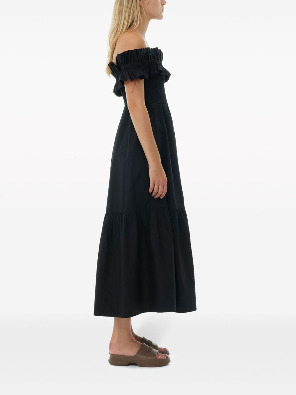 Shop Ganni Cotton Poplin Long Smock Dress In Black