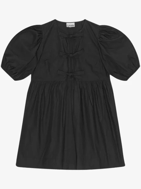 GANNI black cotton poplin tie string mini dress