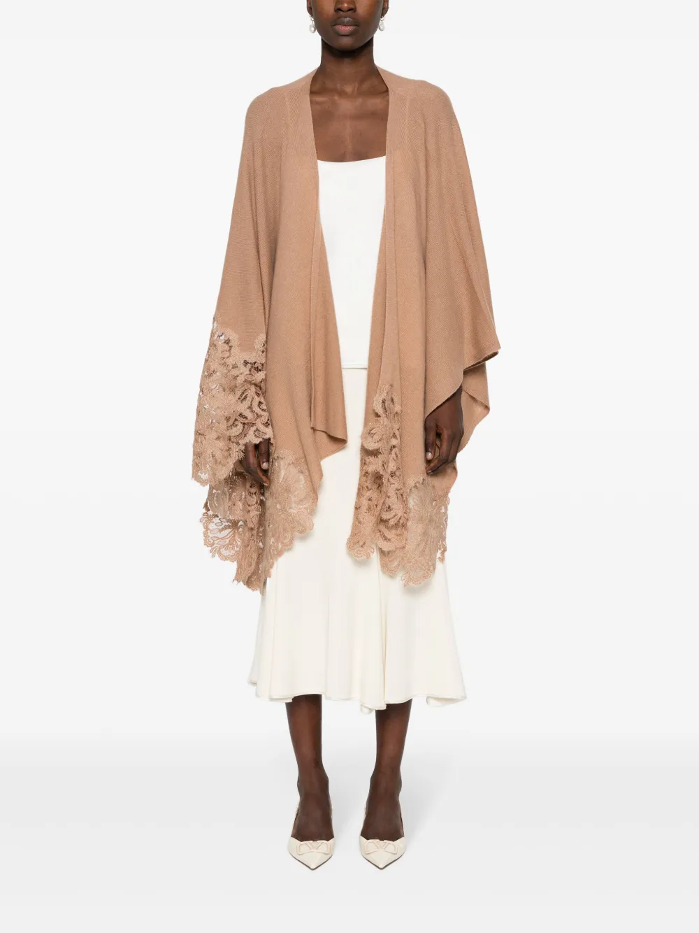 Ermanno Scervino Kasjmier cape met bloemenkant - Beige