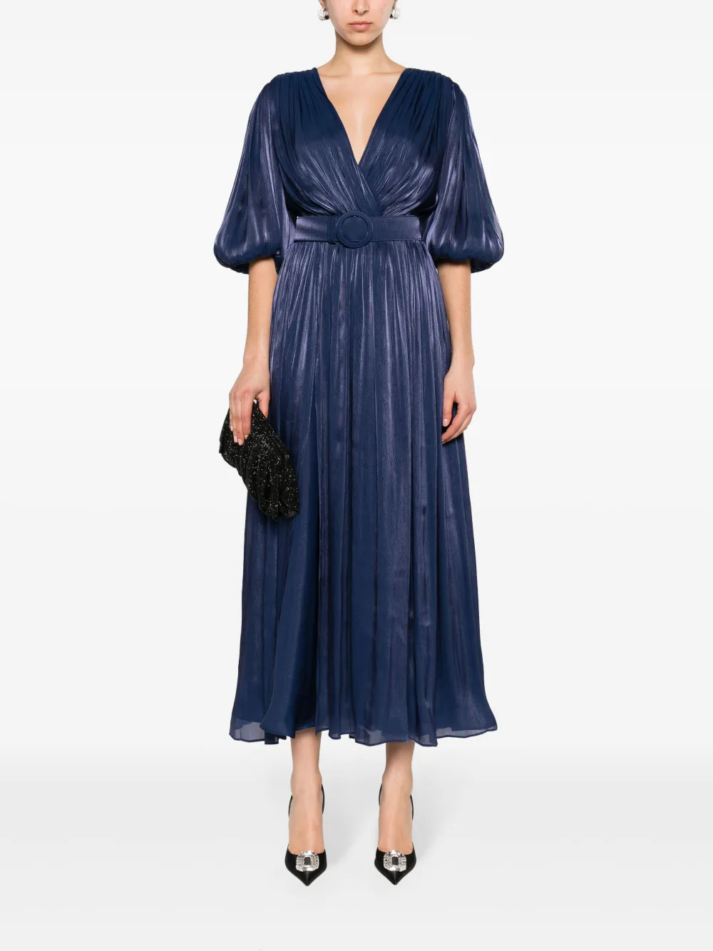 Shop Costarellos Plissé-effect Lurex Maxi Dress In Blau