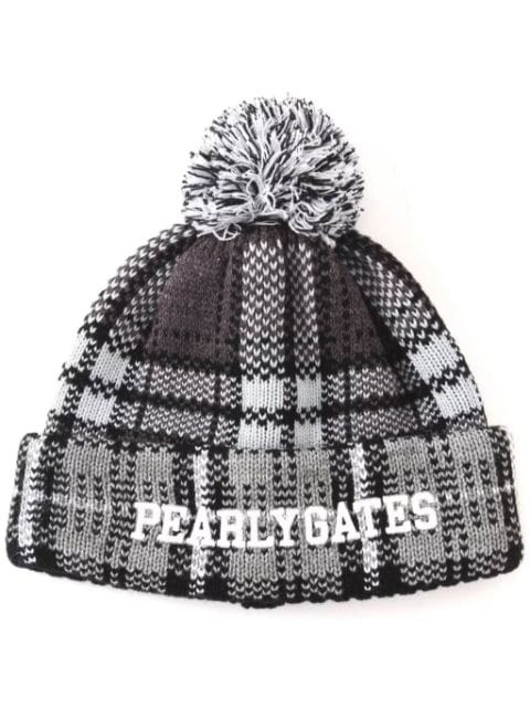 PEARLY GATES logo-embroidered checked pompom beanie