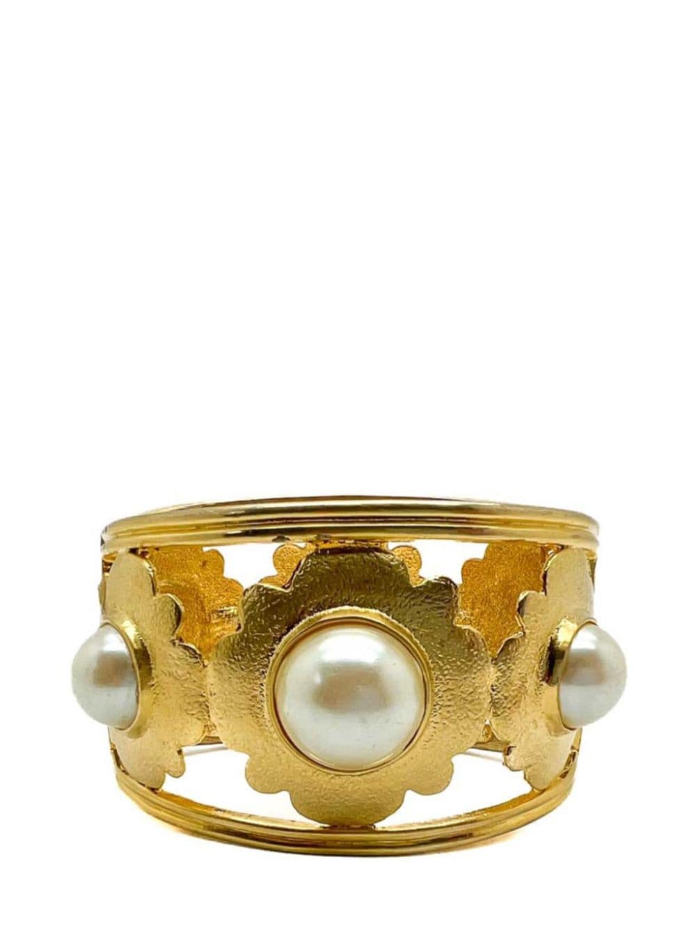 Jennifer Gibson Vintage Broad Pearl Floral Motif Cuff 1980s In Gold
