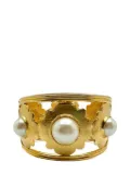 Jennifer Gibson Jewellery Vintage Broad Pearl Floral Motif Cuff 1980s - Gold