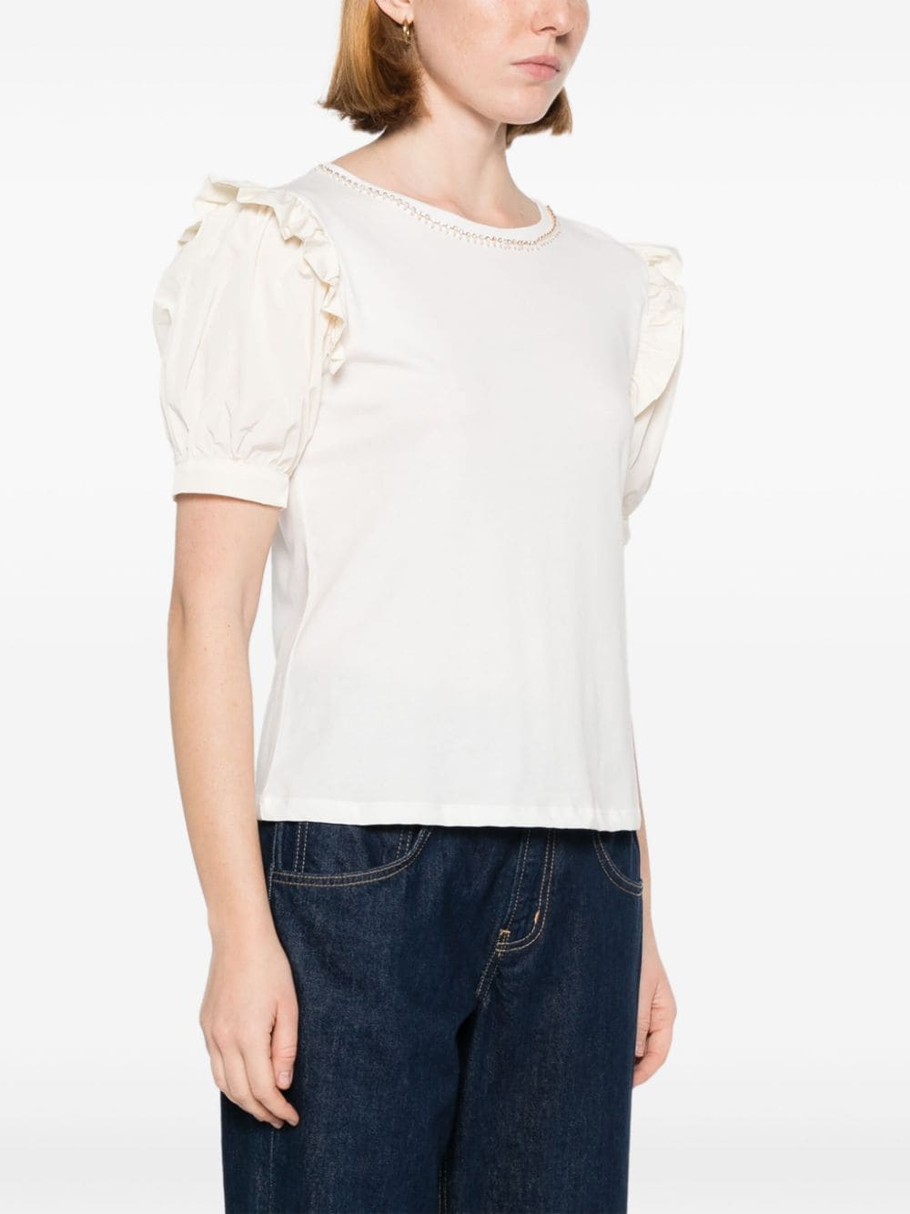 Shop Liu •jo Rhinestone-embellished Ruffled T-shirt In White