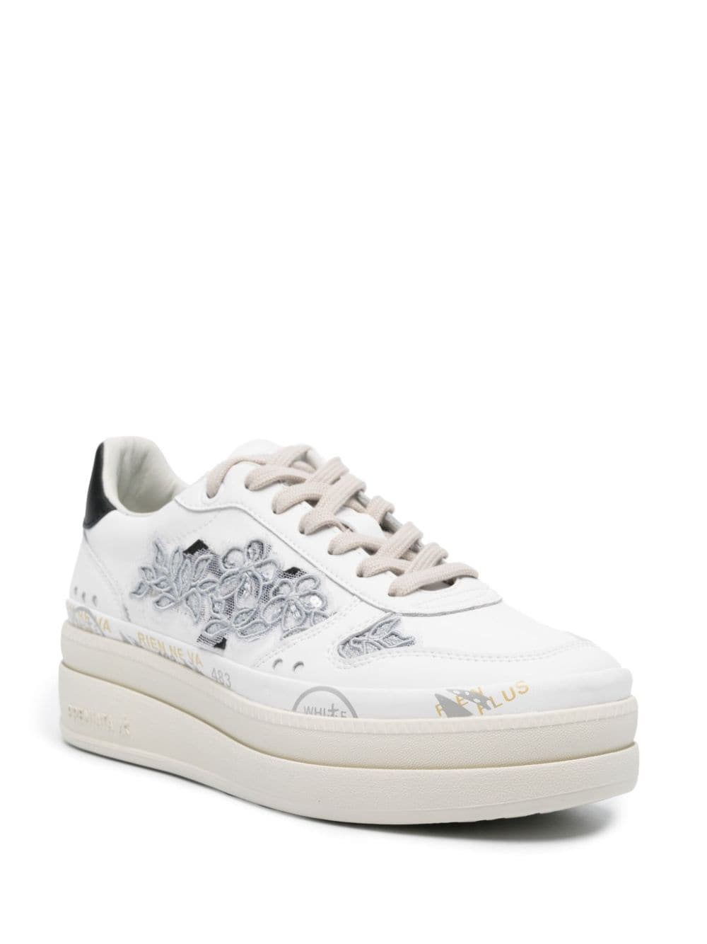 Shop Premiata Lace-appliqué Leather Sneakers In White