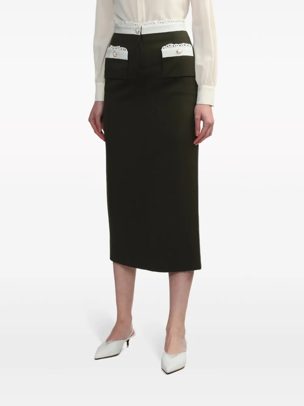 Shop Alessandra Rich Contrast-trim Wool Pencil Skirt In Green