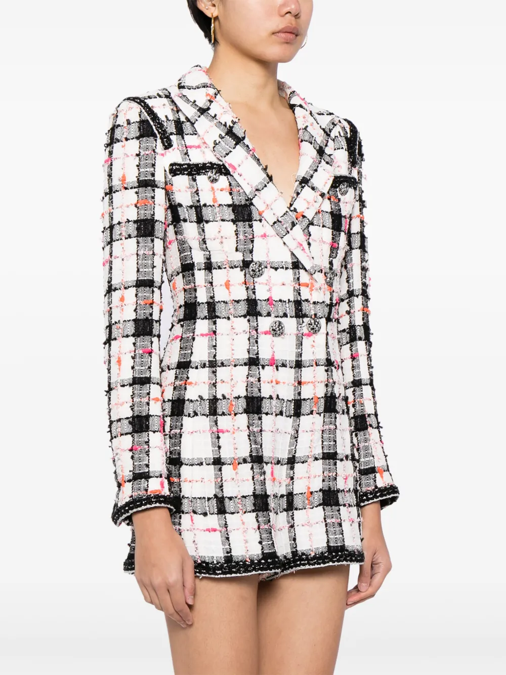 Pre-owned Chanel Checkered Double-breasted Bouclé Tweed Jacket In White